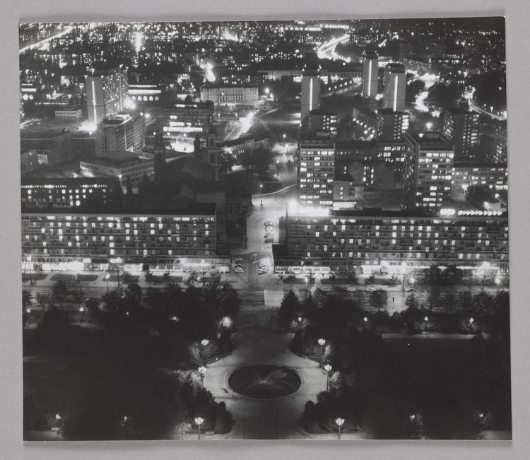 View of the city at night from the Palace of Culture and Science