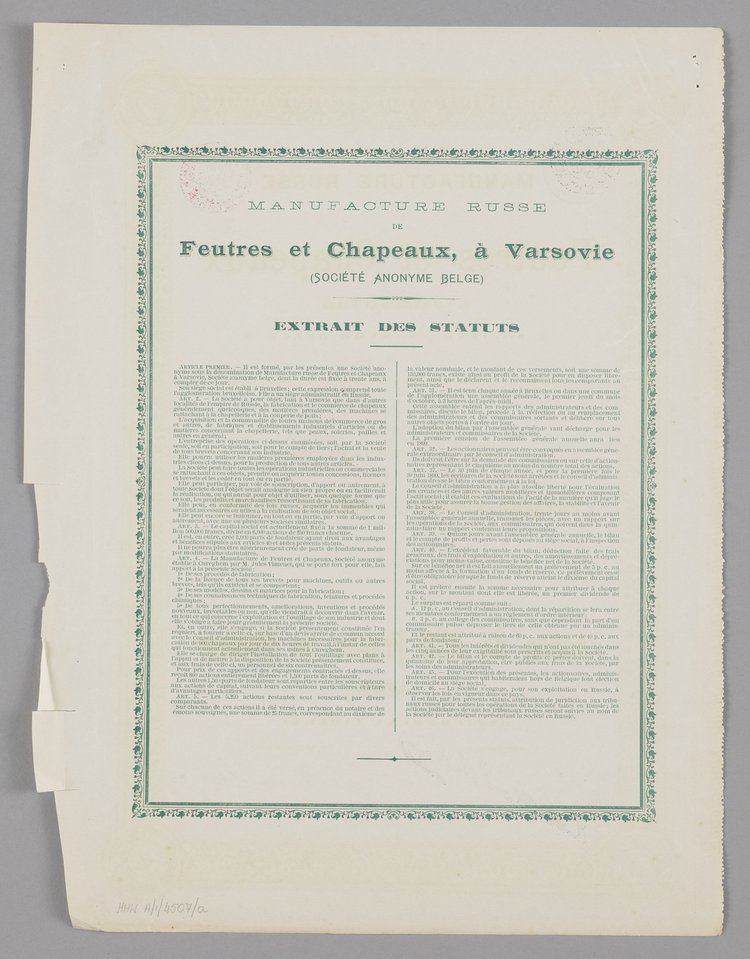 Akcja na okaziciela wypuszczona przez Manufacture Russe de Feutres et Chapeaux á Varsovie S.A. Belge wraz z arkuszem kuponowym do odbioru dywidend