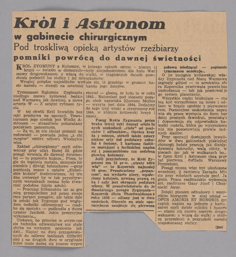 Wycinek z nieznanej gazety z artykułem p.t. "Król i Astronom w gabinecie chirurgicznymi"