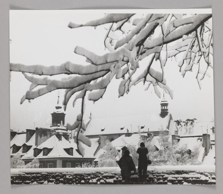 View of the roofs of burgher houses in Mostowa St. and the roof of St. Hyacinth’s Church in winter