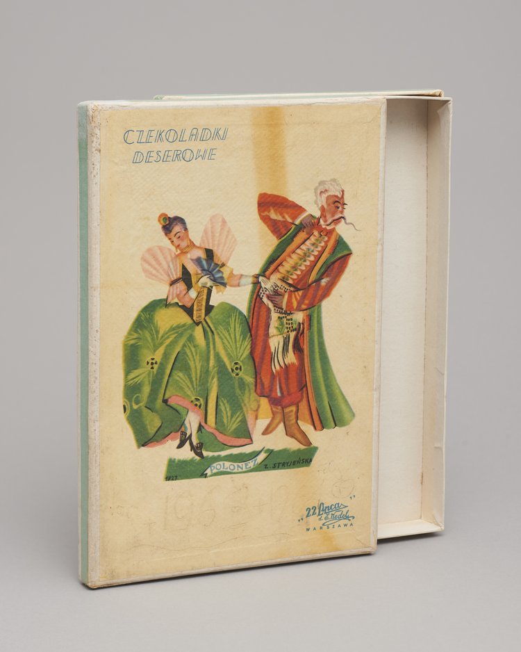 Pudełko po czekoladkach deserowych z ilustracją Polonez z serii Tańce Polskie Zofii Stryjeńskiej