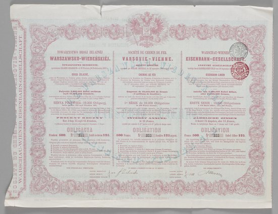 Obligacja Towarzystwa Drogi Żelaznej Warszawsko-Wiedeńskiej opiewająca na kwotę 500 franków/125 rubli srebrem
