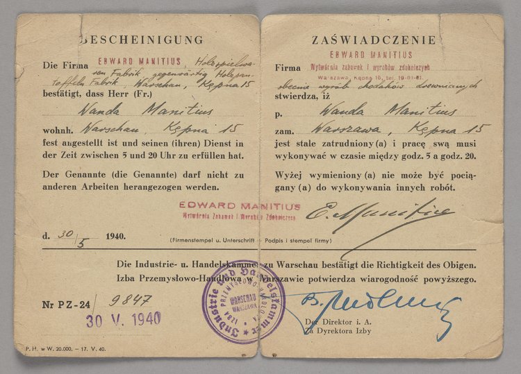 Bescheinigung/Zaświadczenie wystawione Wandzie Manitius