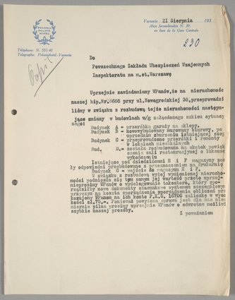 Odpis pisma Polonia Palace Hotel