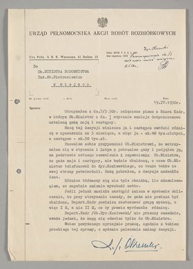 Pismo wysłane przez Antoniego Olszewskiego do Ministra Budownictwa z prośbą o wyjaśnienie kontrowersji w sprawie wysokości jego pensji
