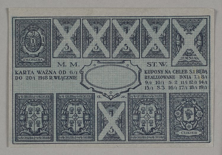 Bon zaopatrzeniowy z okresu I Wojny Światowej wydany przez Magistrat Miasta stołecznego Warszawy na chleb i cukier
