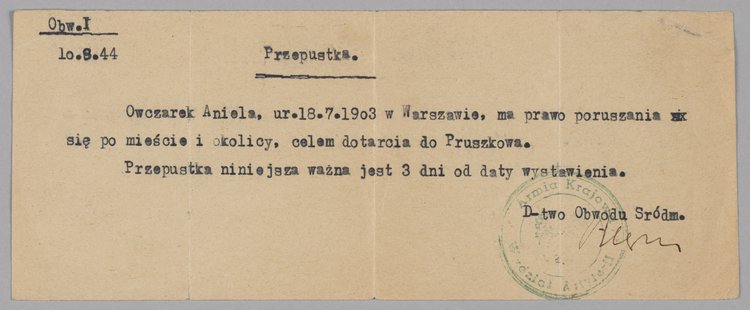 Przepustka Dowództwa Obwodu I. Śródmieście dla Anieli Owczarek