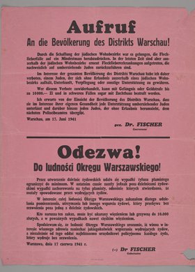 Aufruf/Odezwa do ludności Okręgu Warszawskiego o zakazie udzielania pomocy i przyjmowania do mieszkań Żydów z dzielnicy żydowskiej