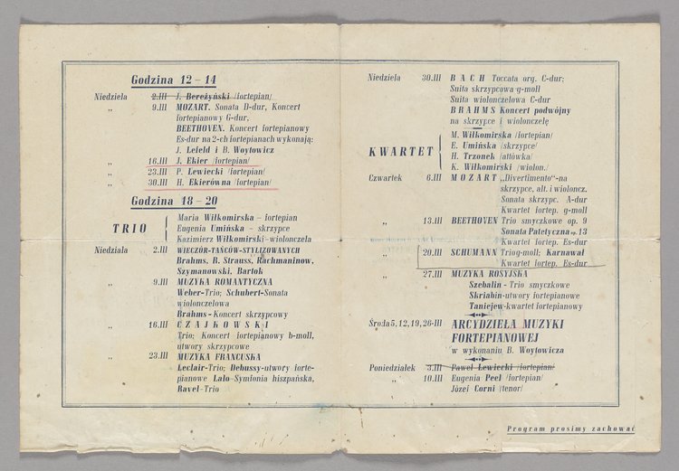 Program muzyczny na marzec 1941 r. w Kawiarni profesora Bolesława Woytowicza w Warszawie (ulica Nowy Świat 27)