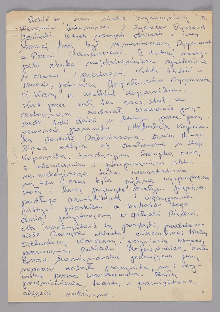 Relacja Jerzego Chojnackiego opisująca czynności remontowe przy pomniku Mikołaja Kopernika w Warszawie