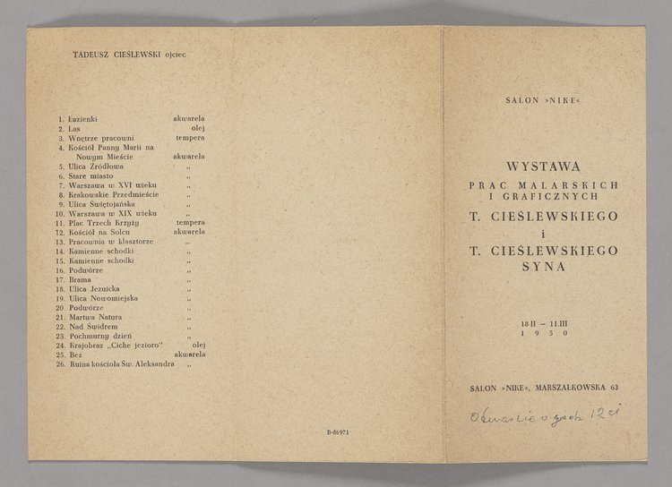 Zaproszenie na wystawę prac malarskich i graficznych Tadeusza Cieślewskiego ojca i Tadeusza Cieślewskiego syna
