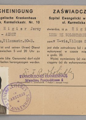 Bescheinigung/Zaświadczenie wydane lekarzowi wolontariuszowi Jerzemu Higierowi