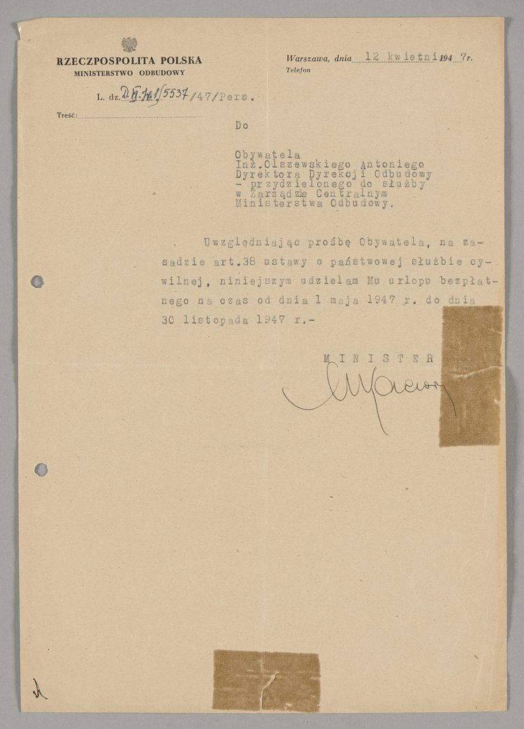 Pismo skierowane do Antoniego Olszewskiego