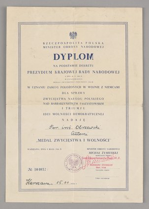 Dyplom przyznany porucznikowi inżynierowi Antoniemu Olszewskiemu