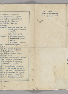 Program muzyczny na marzec 1941 r. w Kawiarni profesora Bolesława Woytowicza w Warszawie (ulica Nowy Świat 27)