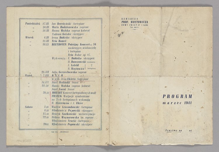 Program muzyczny na marzec 1941 r. w Kawiarni profesora Bolesława Woytowicza w Warszawie (ulica Nowy Świat 27)