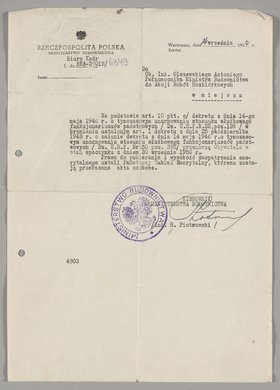 Pismo skierowane do Antoniego Olszewskiego z informacją o przeniesieniu go w stan spoczyku