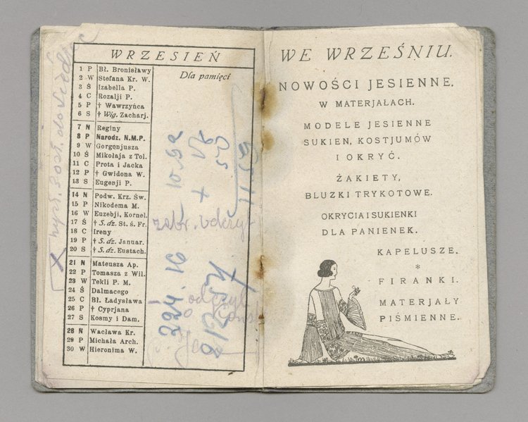 Kalendarz kieszonkowy na 1924 rok oraz kartka z widokiem Domu Towarowego Bracia Jałkowscy