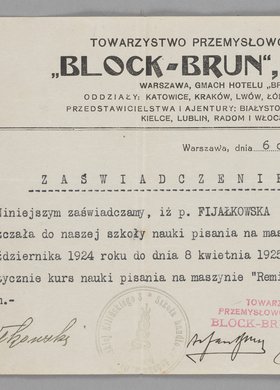 Zaświadczenie potwierdzające, że Felicja Fijałkowska ukończyła kurs pisania na maszynie "Remington" z wynikiem dobrym