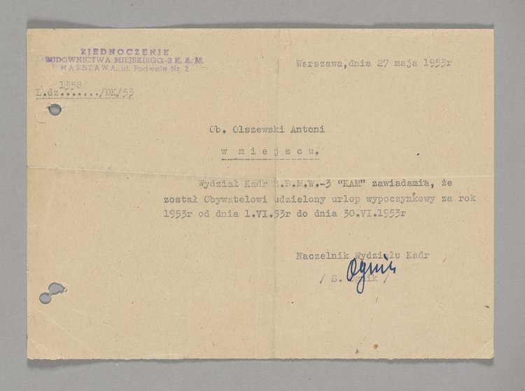 Pismo skierowane do Antoniego Olszewskiego