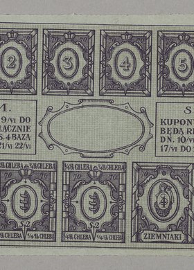 Bon zaopatrzeniowy z okresu I Wojny Światowej wydany przez Magistrat Miasta stołecznego Warszawy na chleb, cukier i ziemniaki