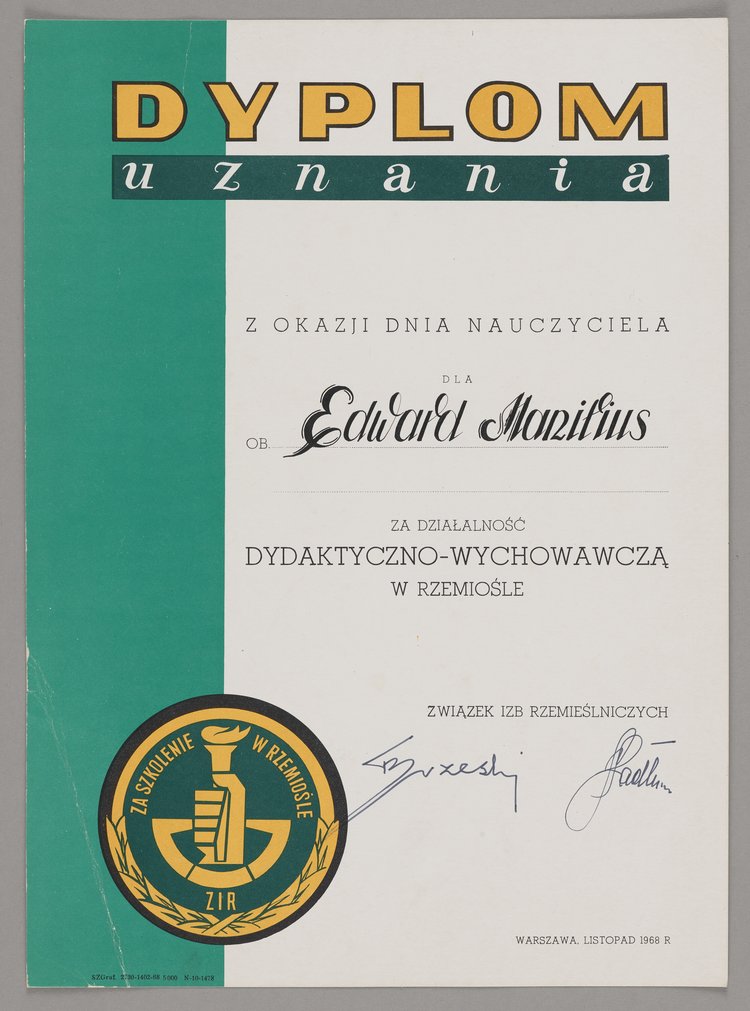 Dyplom przyznany Edwardowi Manitiusowi