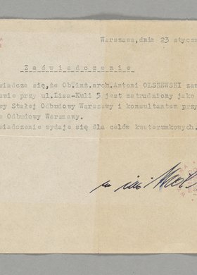 Zaświadczenie wystawione Antoniemu Olszewskiemu