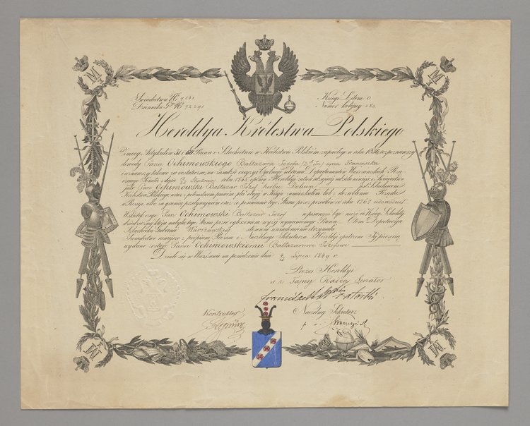 Świadectwo uznania za szlachcica wystawione Baltazarowi Józefowi Ochimowskiemu herbu Doliwa