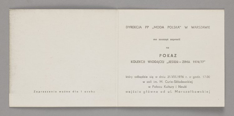 Zaproszenie na pokaz mody Moda Polska - Kolekcja wiodąca Jesień-Zima 1976/77