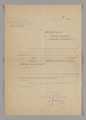 Pismo wysłane do Tadeusza Cieślewskiego ojca z informacją o przyznaniu mu stypendium
