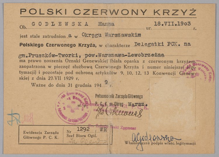 Legitymacja Polskiego Czerwonego Krzyża dla Hanny Godlewskiej