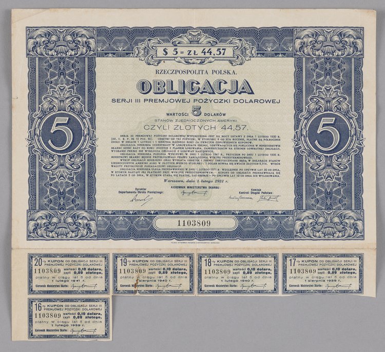 Obligacja Serii III. Premiowej Pożyczki Dolarowej o wartości pięciu dolarów wypuszczona w 1931 r.