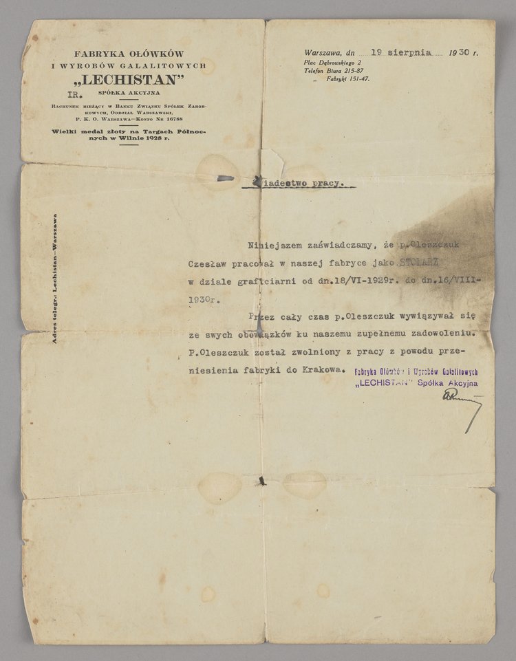 Świadectwo pracy wydane Czesławowi Oleszczukowi