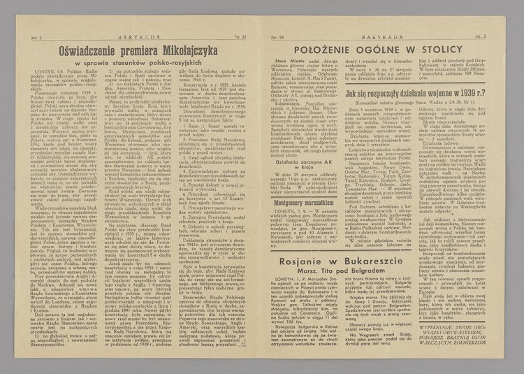 Gazeta Barykada. Pismo codzienne AK Śródmieście-Południowe. Regiony III i II", Nr 22 z 2 września 1944 r.