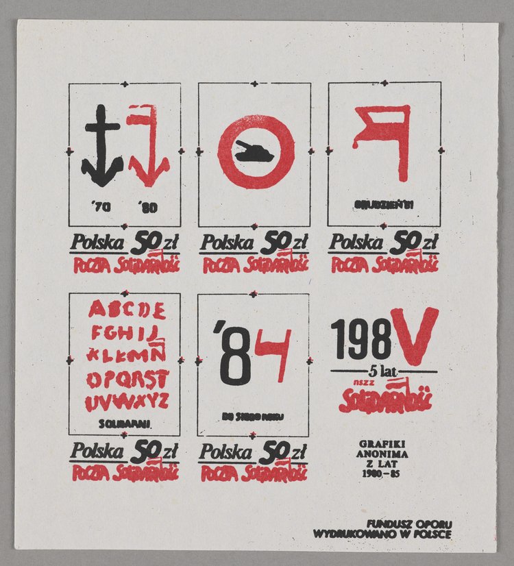 Znaczek pocztowy w formie bloczku pięciu znaczków okolicznościowych z serii "Grafiki Anonima" z lat 1980-1985