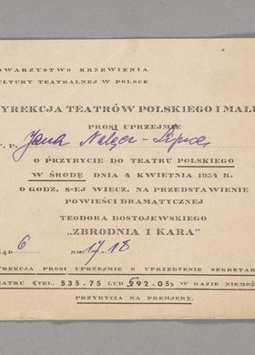 Zaproszenie - bilet wstępu na spektakl p.t. "Zbrodnia i Kara" grany w Teatrach Polskim i Małym