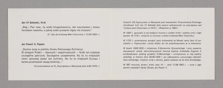 Ulotka upamiętniająca trzechsetlecie zwycięstwa Jana III Sobieskiego pod Wiedniem oraz nawiedzenie urny z sercem króla w warszawskim kościele oo. Kapucynów przez papieża Jana Pawła II