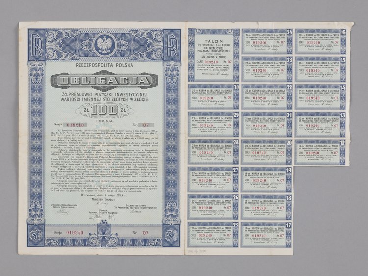 Obligacja 3% Premiowej Pożyczki Inwestycyjnej wartości imiennej sto złotych w złocie wypuszczona w 1935 r.