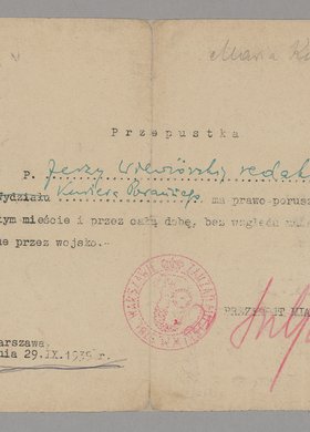 Przepustka dla Jerzego Wiewiórskiego pozwalająca na poruszanie się po całym mieście przez całą dobę
