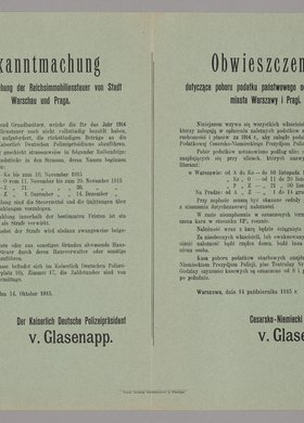 Bekanntmachung / Obwieszczenie o poborze podatku państwowego od nieruchomości miasta Warszawy i Pragi