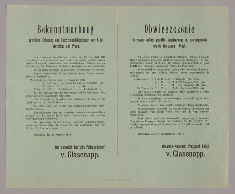 Bekanntmachung / Obwieszczenie o poborze podatku państwowego od nieruchomości miasta Warszawy i Pragi