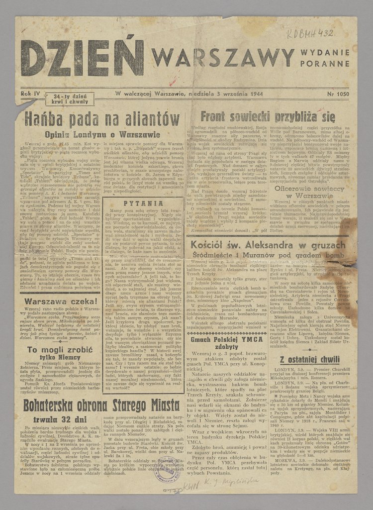Dzień Warszawy. Wydanie poranne, Nr 1050 z 3 września 1944 r., R. IV