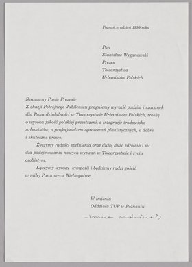 Pismo członka Oddziału Towarzystwa Urbanistów Polskich w Poznaniu wysłane do Stanisława Wyganowskiego
