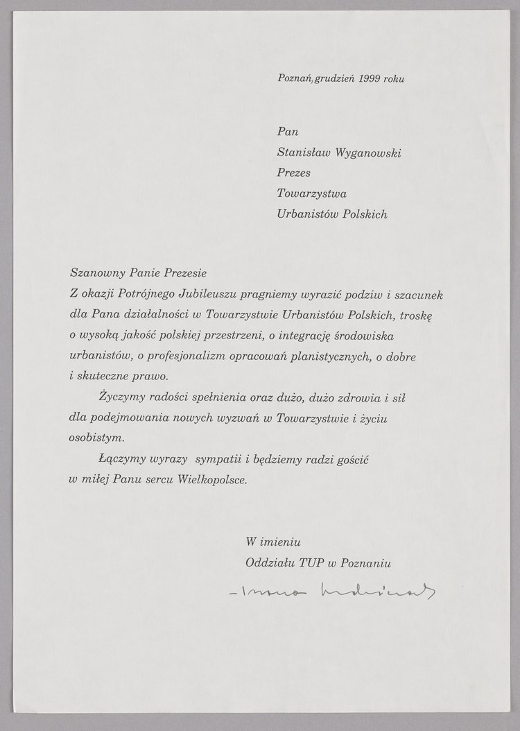 Pismo członka Oddziału Towarzystwa Urbanistów Polskich w Poznaniu wysłane do Stanisława Wyganowskiego