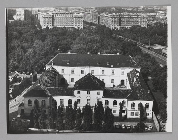 Warsaw Arsenal and Nowotki Street in an aerial view, a flipped image