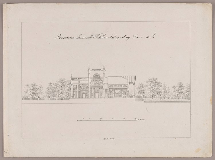 Przecięcie Łazienek Królewskich podług linie a.b. (Przekrój Pałacu na Wyspie)