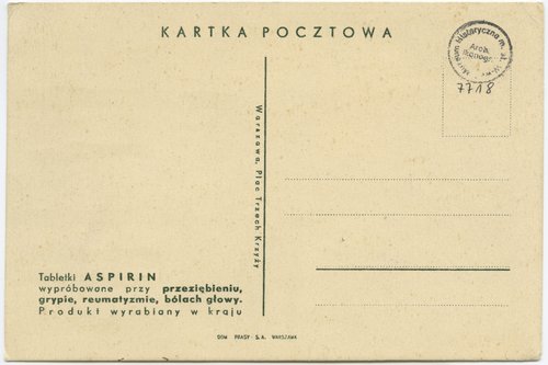 Pocztówka reklamowa tabletek Aspirin; plac Trzech Krzyży
