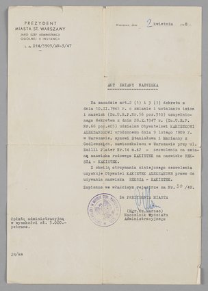 Akt zmiany nazwiska Aleksandra Kakietka na Aleksandra Rekszę-Kakietka
