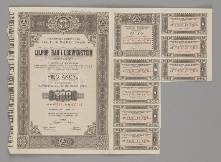 Akcje na okaziciela Towarzystwa Przemysłowego Zakładów Mechanicznych Lilpop, Rau i Loewenstein, Spółka Akcyjna