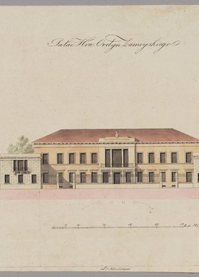 Pałac Zamojskich (Pałac Błękitny), widok fasady od ulicy Senatorskiej, rysunek pomiarowy